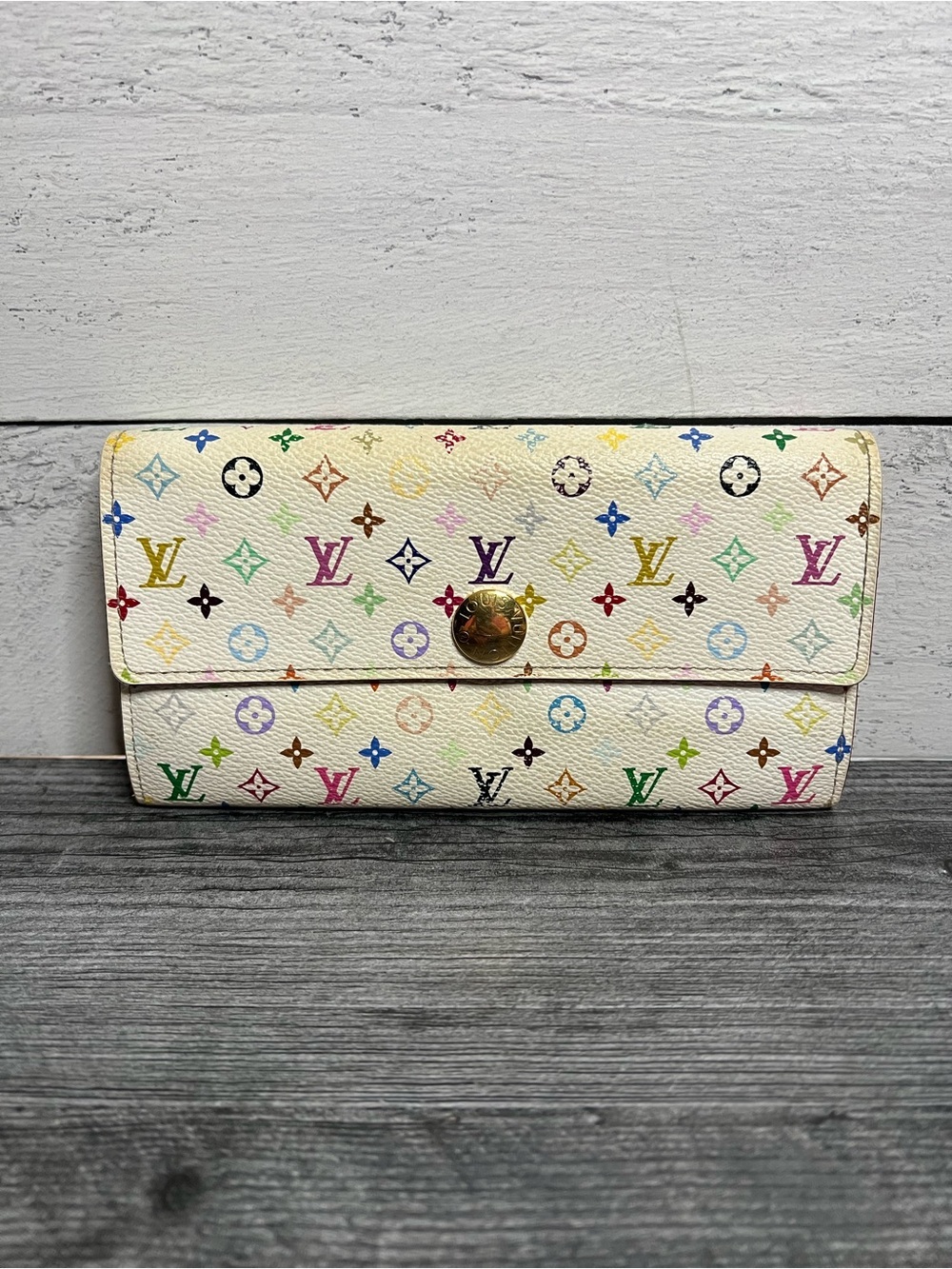 Authentic Louis Vuitton Murakami White Multicolor Monogram Canvas Sarah Wallet